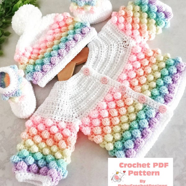 Bobbles Baby Jacket, Hat and Boots Set Crochet Pattern in sizes Preemie to 4 years Digital Download PDF