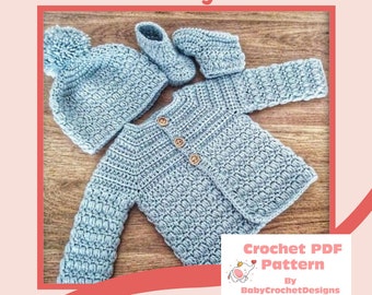 Cluster Baby Cardigan, hat and boots set crochet patterns in sizes tiny preemie -2 years Digital Download PDF