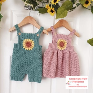 Sunflower Overalls and Dress Crochet Pattern sizes Newborn to 4 Years PDF Digital Download