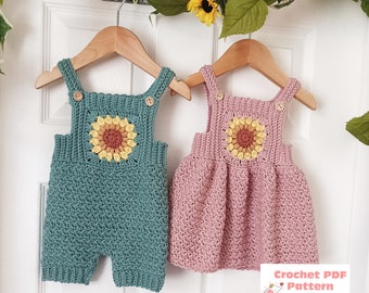 Sunflower Overalls and Dress Crochet Pattern sizes Newborn to 4 Years PDF Digital Download