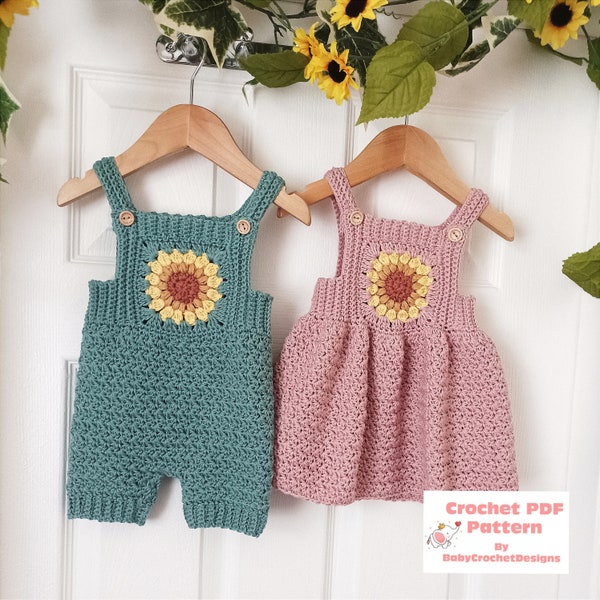 Salopette et robe tournesol au crochet tailles du nouveau-né à 4 ans PDF à téléchargement numérique