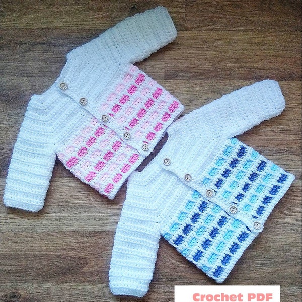 Stepping Stones Baby Cardigan Crochet Pattern in sizes Preemie 1-2, 2-4 and 4-6lb, 0-3, 3-6, 6-12 months and 1-2 years Digital Download PDF