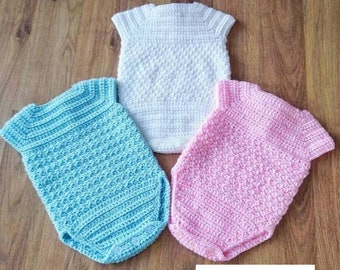 Milan Baby Romper Crochet Pattern in sizes Preemie, Newborn, 0-3, 3-6 and 6-12 Months Digital Download PDF