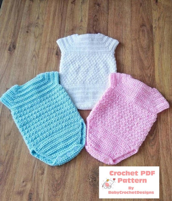 Milan Baby Romper Crochet Pattern in sizes Preemie, Newborn, 0-3, 3-6 and 6-12 Months Digital Download PDF