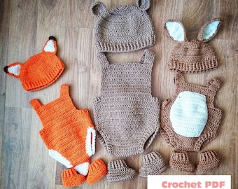 Woodland Wonders 3in1 Romper Set, Bunny, Fox, Bear Baby Outfit Crochet Pattern Size's Newborn to 2 Years Instant PDF Download