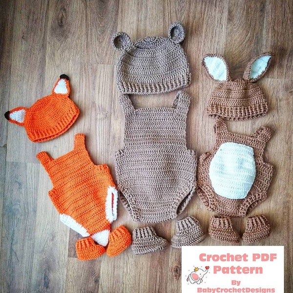 Woodland Wonders 3in1 Romper Set, Bunny, Fox, Bear Baby Outfit Crochet Pattern Size's Newborn to 2 Years Instant PDF Download