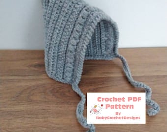 Pixie Style Bonnet Crochet Pattern sizes Newborn to Adult Digital Download PDF
