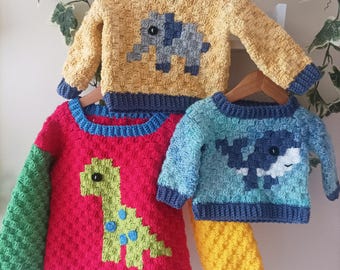 C2C Jumper Boys 3 in 1 Crochet Pattern Sizes 0-3 Months to 5XL Adult PDF Digital download