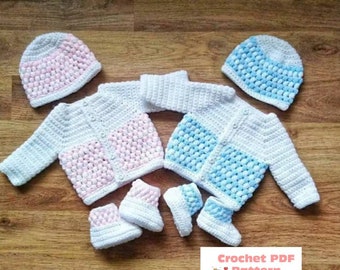 Set babyset met pofsteek vest, muts en laarzen haakpatroon maat&#39;s Preemie, Newborn, 0-3, 3-6 en 6-12 maanden Digitale download pdf