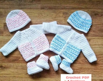 Baby Set Puff Stitch Cardigan, Hat and Boots Set Crochet Pattern size's Preemie, Newborn, 0-3, 3-6 and 6-12 months Digital Download PDF