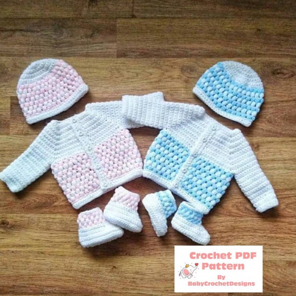 Baby Set Puff Stitch Cardigan, Hat and Boots Set Crochet Pattern size's Preemie, Newborn, 0-3, 3-6 and 6-12 months Digital Download PDF