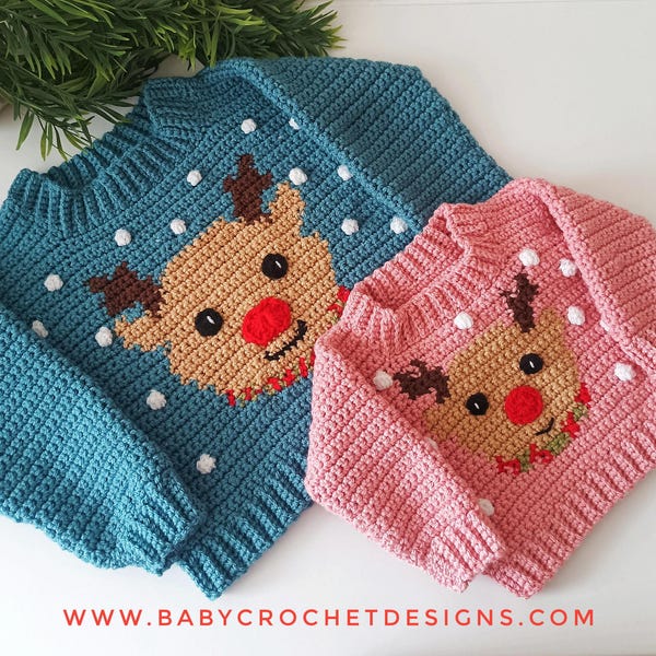 Little Reindeer Jumper Crochet Pattern Sizes 0-3 months to 10 years Digital Download PDF