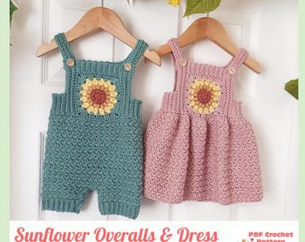 May include: A teal crochet romper and a dusty pink crochet dress, both featuring a central sunflower motif with yellow petals and a brown centre. Each garment has two wooden buttons at the shoulder straps. Text reads: Sunflower Overalls & Dress.