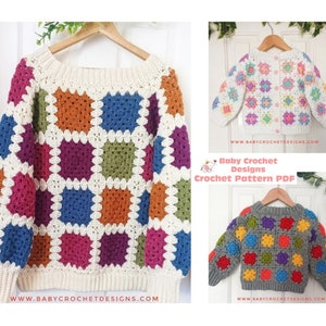Könnte beinhalten: Ein mehrfarbiger Häkelpullover mit einem quadratischen Muster in Blau-, Orange-, Grün-, Lila- und Weißtönen. Der Pullover wird auf einem Holzbügel präsentiert. Das Bild zeigt auch eine Baby-Strickjacke und einen Pullover. Die Website-Adresse ist sichtbar.