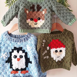 May include: Three handmade crochet sweaters for children. One is green with a reindeer face, another is blue with a penguin, and the last is olive green with a Santa face and "HO HO HO" text. Each sweater is on a wooden hanger.