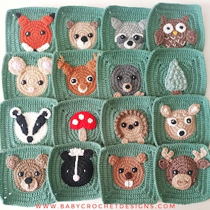 May include: A green crochet blanket featuring a variety of animal and nature-themed squares. The squares depict animals such as a fox, bear, raccoon, owl, squirrel, deer, badger, hedgehog, and a mushroom.