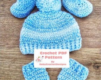 Cozy Baby Hat, Booties and Mittens set crochet pattern in five sizes Preemie, Newborn, 0-3, 3-6 and 6-12 months Digital Download PDF