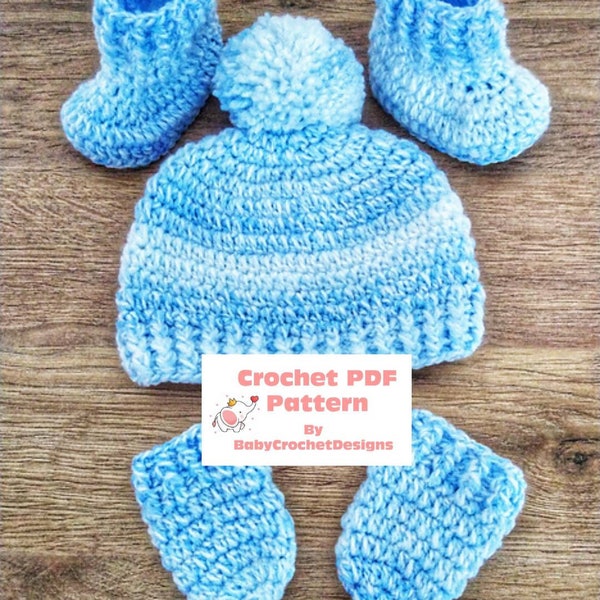 Ensemble bonnet, chaussons et mitaines confortables pour bébé, modèle au crochet en cinq tailles prématuré, nouveau-né, 0-3, 3-6 et 6-12 mois téléchargement numérique PDF