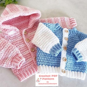 Classic Cardigan Hoddie Crochet Pattern Sizes Preemie to 10 Years  PDF Digital Download