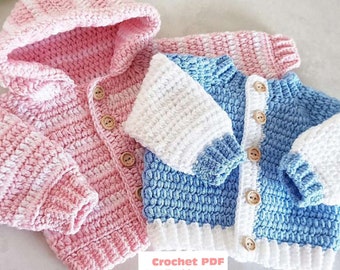 May include: Two crocheted baby jackets, one pink with white stripes and a hood, and one blue with white trim. Crochet PDF Pattern by BabyCrochetDesigns.