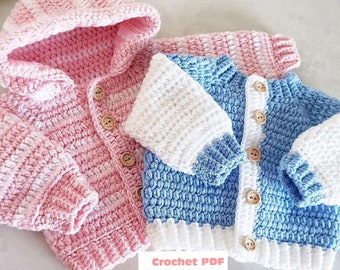 Classic Cardigan Hoddie Crochet Pattern Sizes Preemie to 10 Years  PDF Digital Download