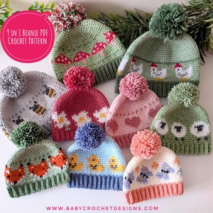May include: A collection of nine crocheted beanies in various colors, each adorned with unique designs such as bees, flowers, hearts, and foxes. Each beanie has a matching pom-pom. The image includes text that reads "9 IN 1 BEANIE PDF CROCHET PATTERN" and "www.babycrochetdesigns.com".
