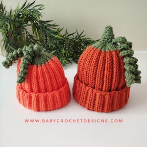 Könnte beinhalten: Zwei orangefarbene Strick-Kürbishüte mit grünen Stielen und Ranken. Die Hüte sind gerippt und haben einen umgeschlagenen Rand. Die Website-Adresse "WWW.BABYCROCHETDESIGNS.COM" ist unten im Bild rot aufgedruckt.