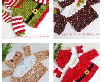 4 in 1 Christmas Outfit Crochet Pattern Gingerbread Christmas pudding Santa Elf sizes Newborn to 4 years Digital Download PDF