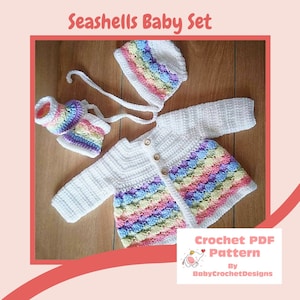 Crochet Pattern for Baby Seashell Cardigan, Bonnet and Boots Set in sizes preemie, newborn, 0-3, 3-6 and 6-12 months Digital Download PDF