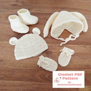 Bunnies and Bears Hat / Bonnet, Booties and Mittens Crochet Pattern Set Sizes Preemie to 12 Months Digital Download PDF
