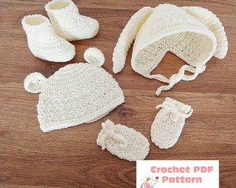 Bunnies and Bears Hat / Bonnet, Booties and Mittens Crochet Pattern Set Sizes Preemie to 12 Months Digital Download PDF