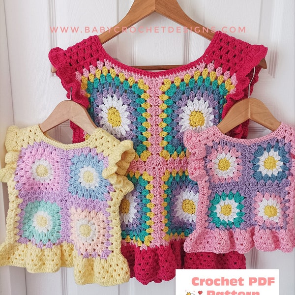 Crazy Daisy Peplum Top Sweater Crochet Pattern Sizes 0-3 months to XL Adult Digital Download PDF