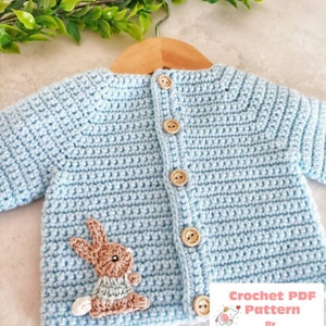 Simple Baby Cardigan Crochet Pattern with Bunny and Rainbow Applique in size's Preemie to 3-4 Years English / French Digital Download PDF