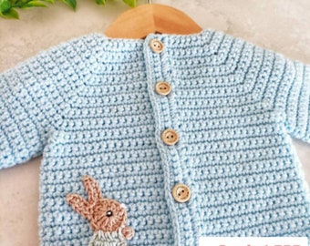 Simple Baby Cardigan Crochet Pattern with Bunny and Rainbow Applique in size's Preemie to 3-4 Years English / French Digital Download PDF