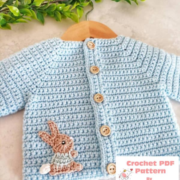 Einfaches Baby Strickjacke Häkelanleitung mit Häkelapplikation in Grösse 3-4 Jahre Englisch / Französisch Digital Download PDF