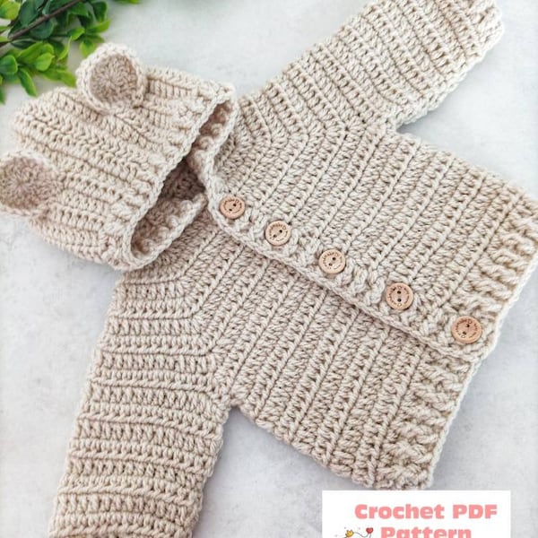Bear Hooded Jacket Cardigan Crochet Pattern size's preemie to 10 Years Digital Download PDF
