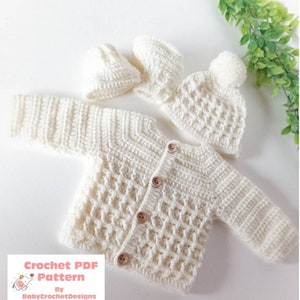 Crochet Pattern for Baby Waffle Set including Cardigan Sweater, Hat and boots Digital Download PDF