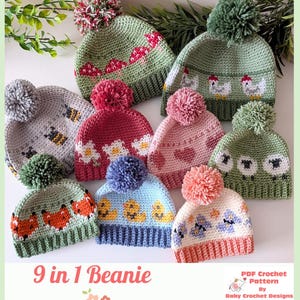 Patrón de gorro de punto estilo crochet 9 en 1. Tallas desde recién nacido hasta adulto grande. Descarga digital en PDF.
