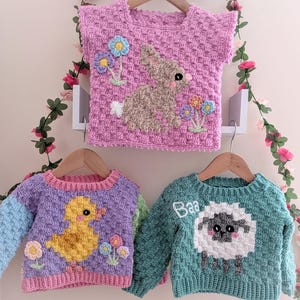 Könnte beinhalten: Drei handgefertigte Häkelpullover und ein Top, jedes mit einem einzigartigen Tiermotiv. Das Top ist rosa mit einem Hasen, der erste Pullover ist lila mit einer Ente und der letzte Pullover ist türkis mit einem Schaf. Die Website www.babycrochetdesigns.com ist sichtbar.