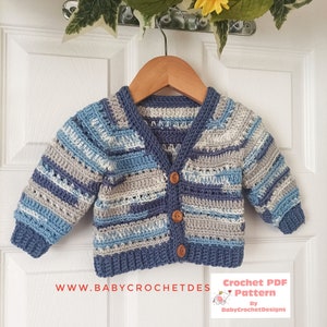 Patrón de crochet para cárdigan acogedor tipo cabaña, tallas desde recién nacido hasta 10 años, descarga digital en formato PDF
