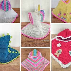 May include: Six crocheted hooded ponchos for babies in various colors and designs, including a unicorn, a dinosaur, a bunny, a gingerbread man, and a rainbow. Each poncho has a crocheted hood and a scalloped edge.