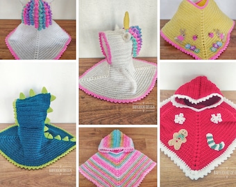 Fancy Dress Poncho häkeln Muster Größen Neugeborenen bis Erwachsene Einhorn, Dinosaurier, Ostern, Weihnachten Digital Download PDF