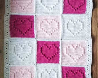 Crochet Bobble Heart Blanket pattern Digital Download PDF