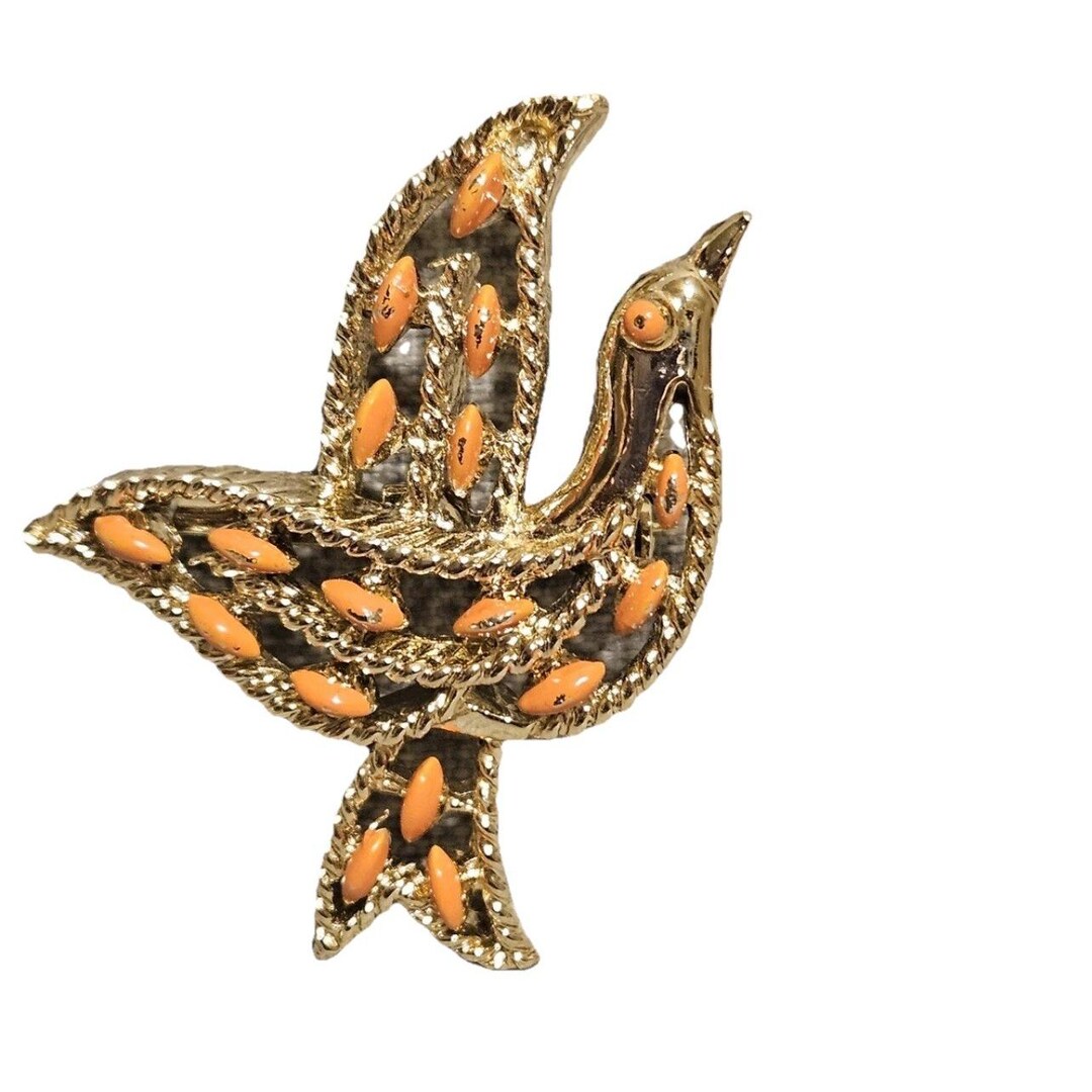 Vintage 1970s GERRYS Openwork Gold Tone & Coral Enamel Dove Bird Pin ...