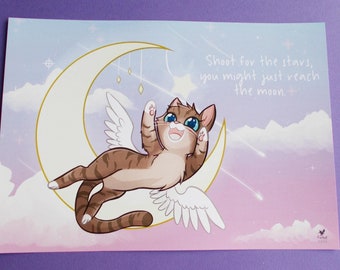 A5 Cat Art Print: Motivational Cat on Moon, Shoot for the Stars