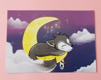 Cute Sleeping Wolf Print - A5 Wolf Moon print- Cartoon Wolf Artwork