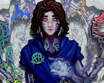 May include: A holographic charm featuring a blue-haired person with a blue and white patterned shirt and a blue and white patterned background. The charm is surrounded by a silver chain.