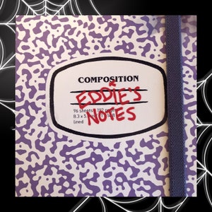 May include: A purple and white composition notebook with the words "EDDIE'S NOTES" written in red on the front cover. The notebook has 96 sheets and is 8.3 x 5 inches.