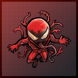 May include: A red and black cartoon character with a long tongue and sharp teeth. The character has a menacing expression and is in a crouched position.