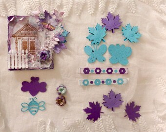 15 Piece Blue & Purple Shabby Chic Spring Paper Embellishment lot.  Sizzix, Graphic 45 Die Cut leaves, Butterflies, Bees, Mother's Day Craft